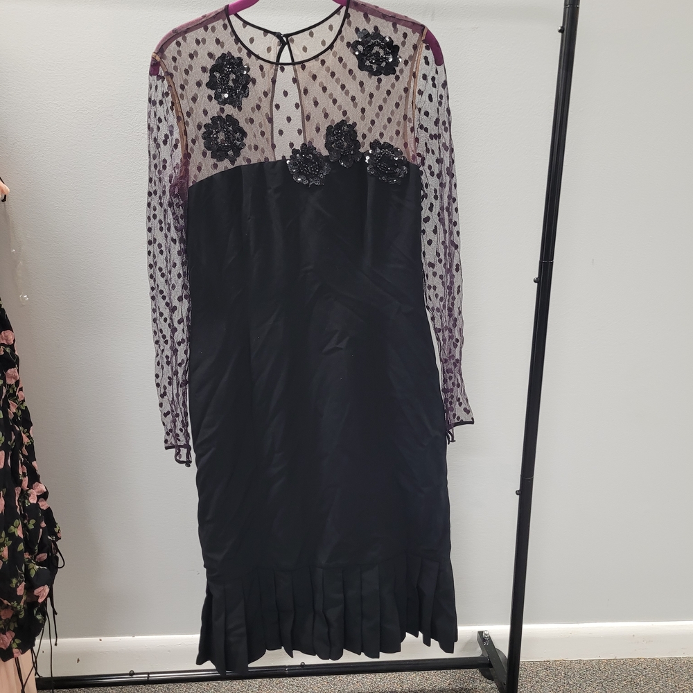 bill blass Black Dress with Sheer Polka-Dot Yoke and Purple Accents